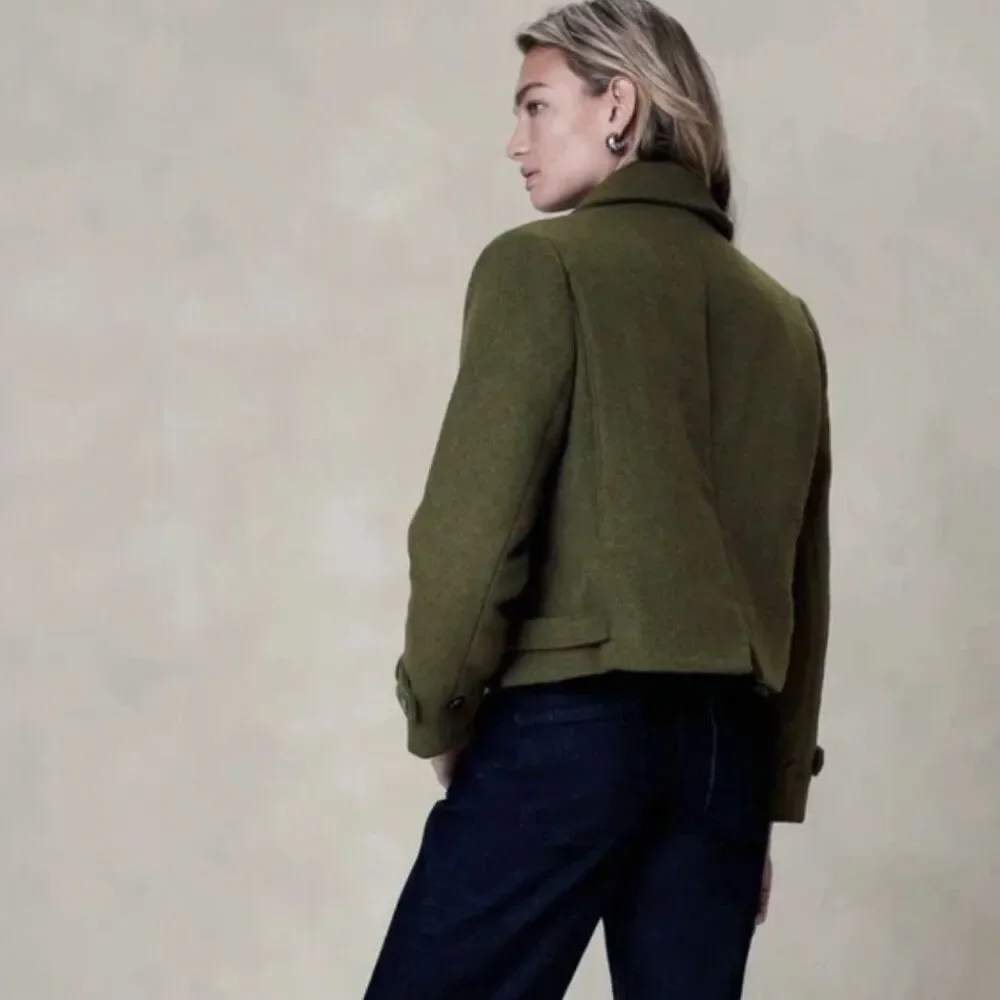 Banana Republic Jacket Womens XS Olive Green Heritage Wool Blend Military Crop